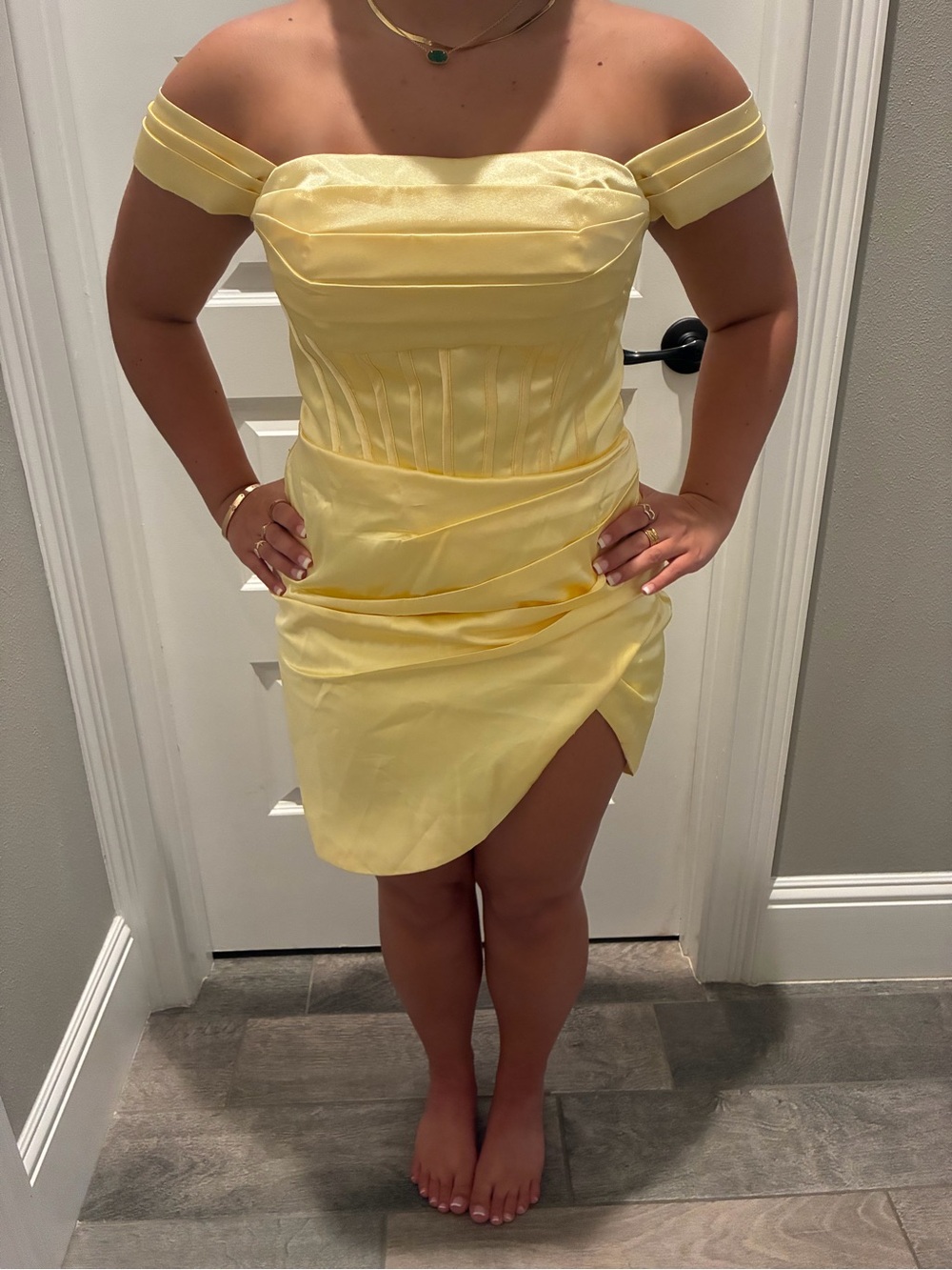 Yellow Satin Homecoming Dress - Pleated Bodice - Picture 2 of 3